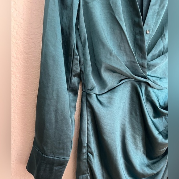 NWT Stylish Taste Dark Teal Satin Collared Long Sleeve Mini Dress - Picture 6 of 9